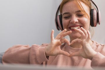 Smiley Female Teacher Showing Heart Sign Students Online Class